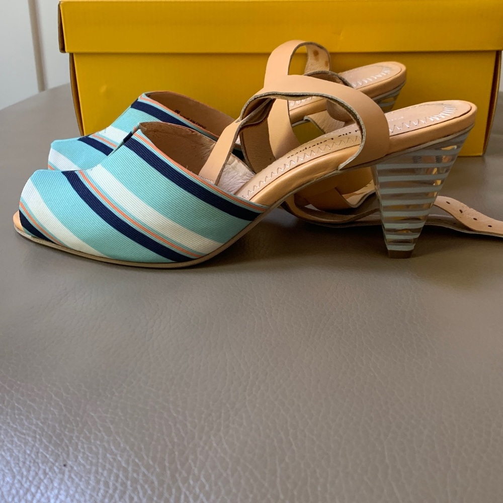 Pilcro and the Letterpress Aqua and Navy Striped Mules - Picture 2 of 5